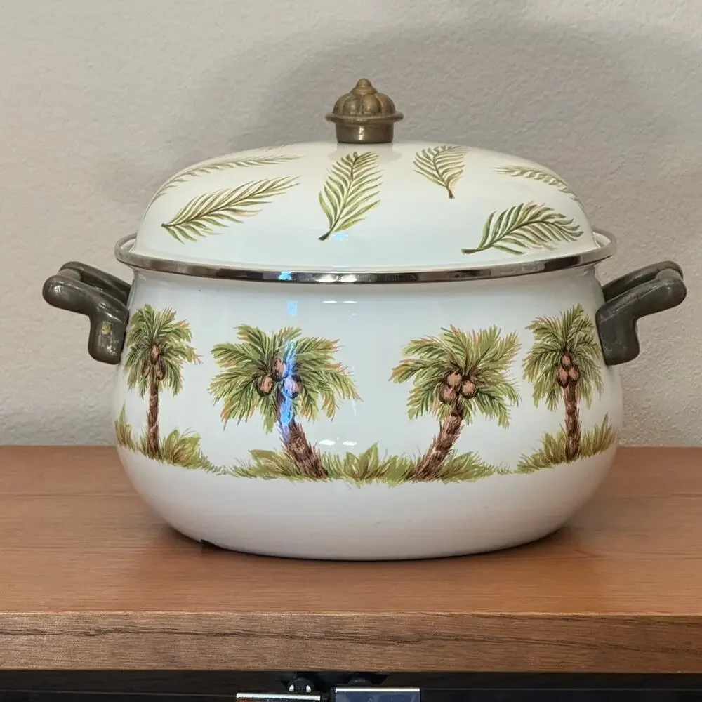 Tabletops Unlimited Palm Grove 8 Qt Enamel Stockpot Dutch Oven Palm Trees Lid